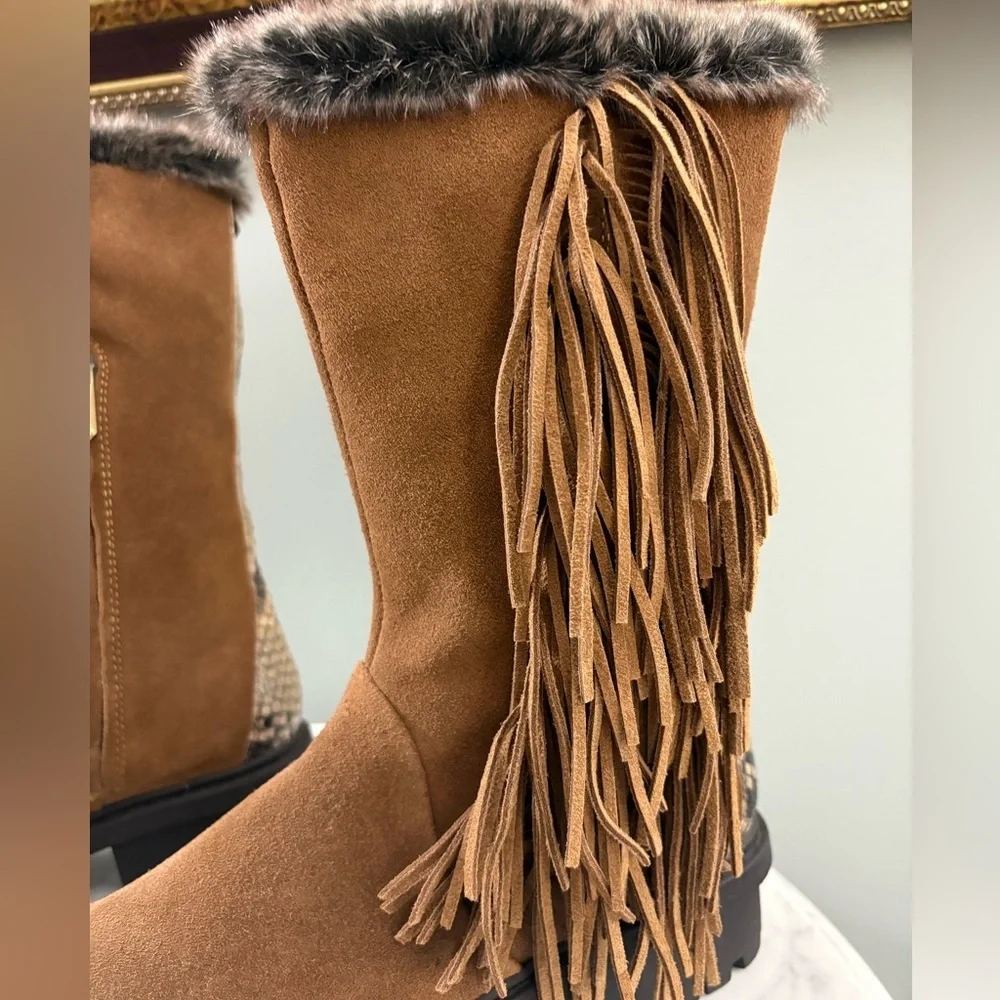 Sam Edelman Tilden Faux Fur Fringe Boots – Chestnut Suede w/ Snakeskin Trim
